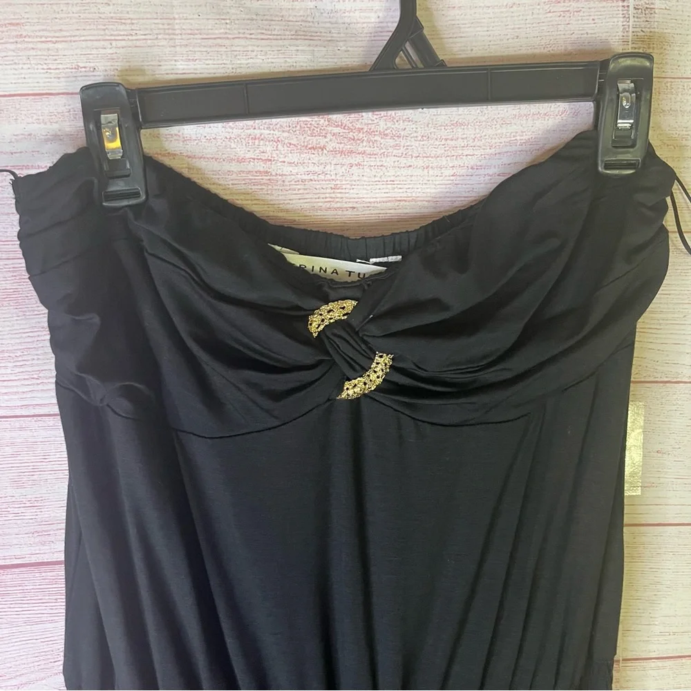 Trina Turk Black Sleeveless Gold Embellished Jersey‎ Knit Ruched Leg Jumpsuit 10